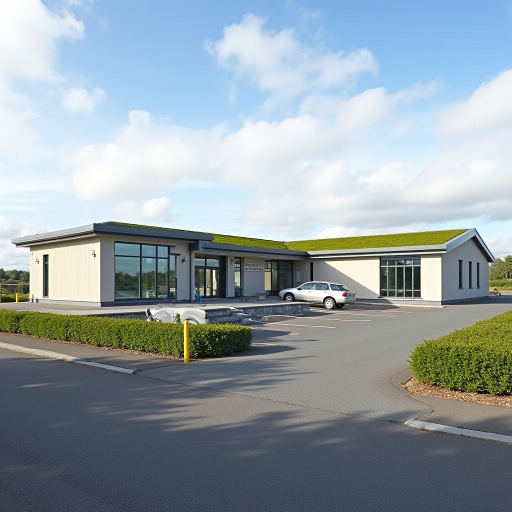 Modern community centre in an Irish town with car park