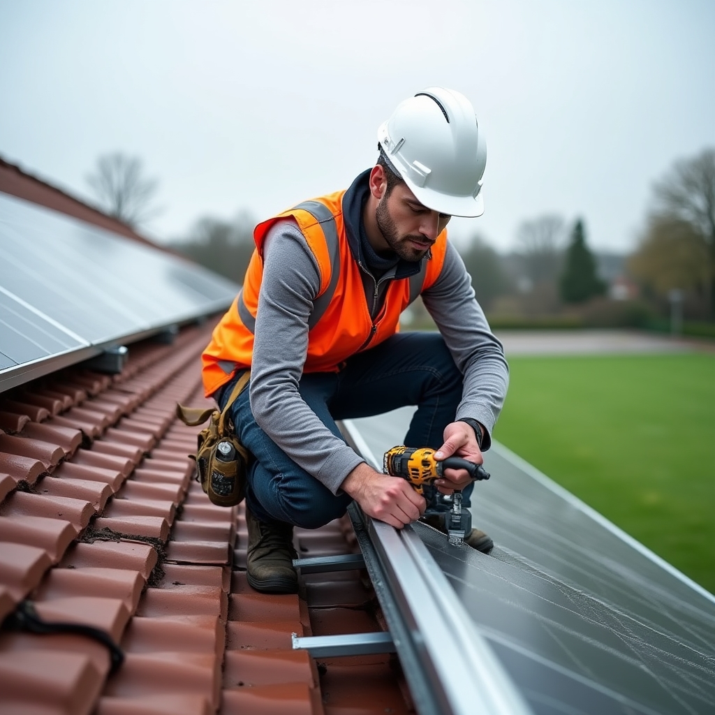 Qualified solar installer working on a sports club roof